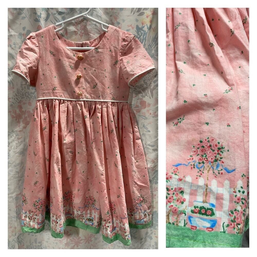 Vintage 90s Handmade A-Line Dress Pink Roses Flowers Topiary Toddler Girl 2T/3T